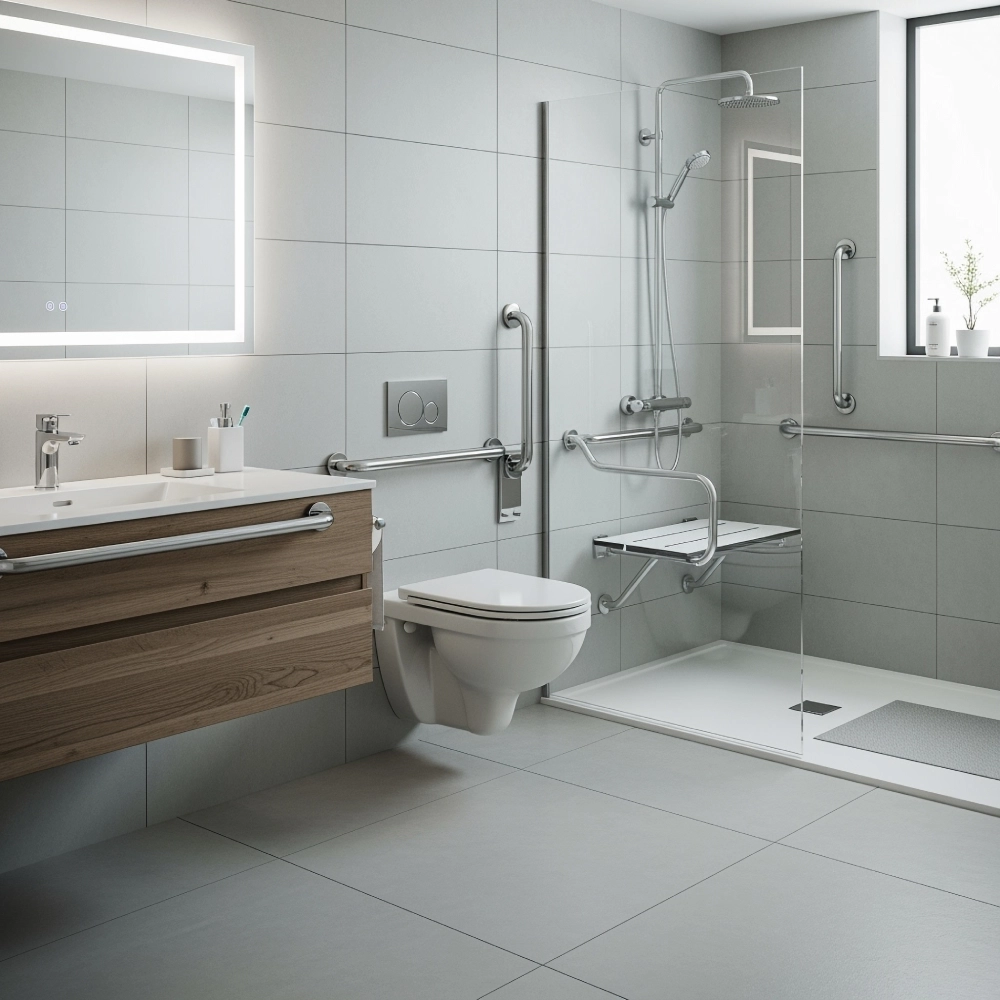 Aging in place bathroom remodel with grab bars curbless shower Northern Virginia